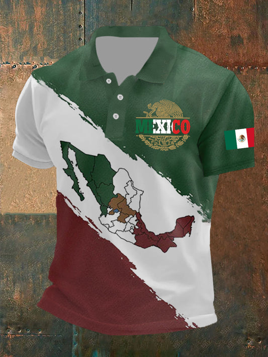 Polo casual estampado de bandera de México para hombre