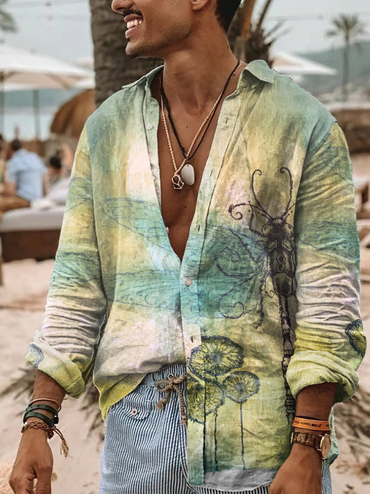 Estilo de Boho de los hombres Drganfly y flores de impresión arte Casual Camisa de algodón