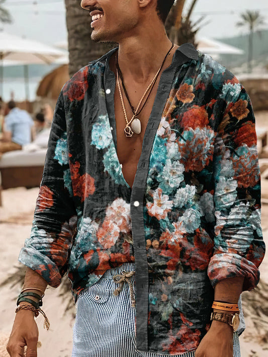 Camisa de algodón casual con estampado de flores de estilo vintage para hombres