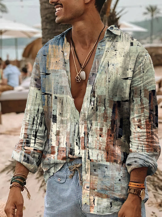 Camisa de algodón casual con estampado de patrón abstracto de estilo vintage para hombres