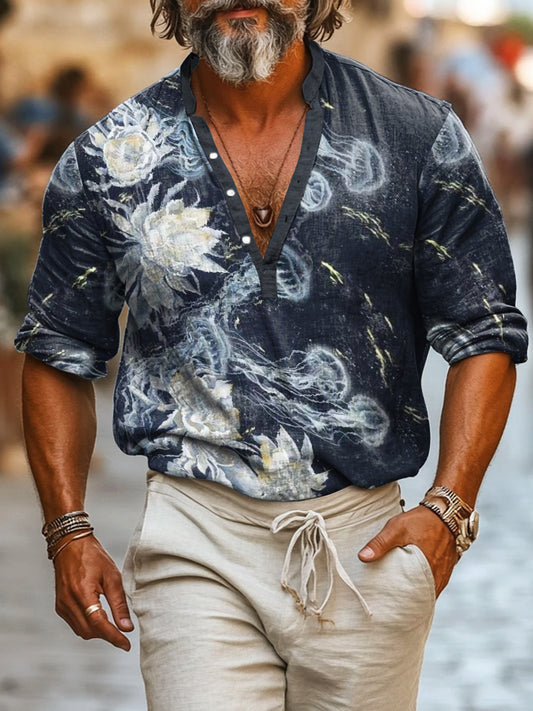 Camisa de manga larga casual de algodón con estampado de medusas estilo vintage para hombres