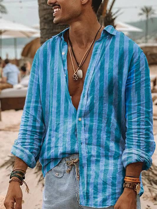 Camisa de algodón casual con estampado de rayas de estilo vintage para hombres
