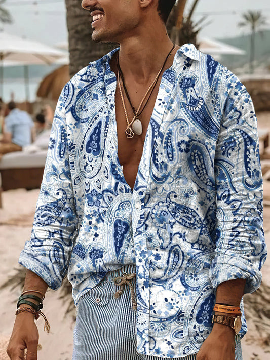Camisa de algodón casual de arte estampado floral estilo Boho de los hombres