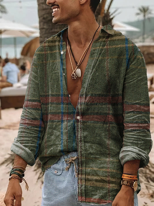 Camisa de algodón casual con estampado de cuadros de estilo vintage para hombres