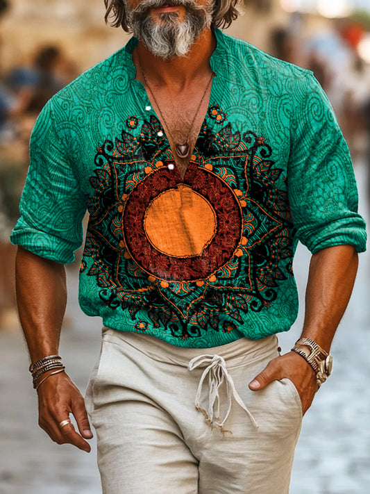 Camisa de manga larga casual de algodón estampado estilo boho de los hombres