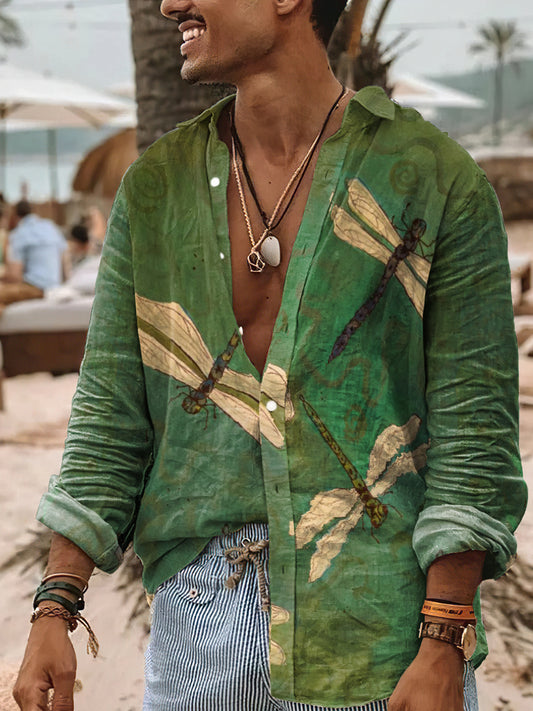 Camisa de algodón casual Boho Style Dragon Print Art para hombre