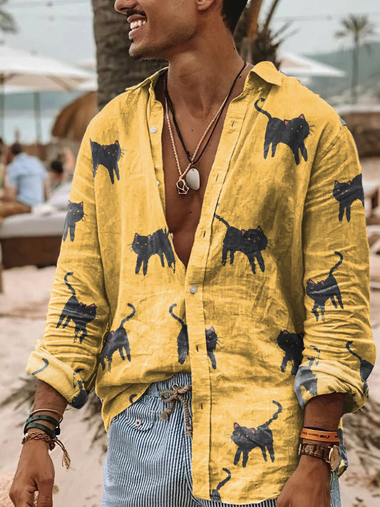 Hombres Vintage Style Cats Print Art Casual Camisa de algodón