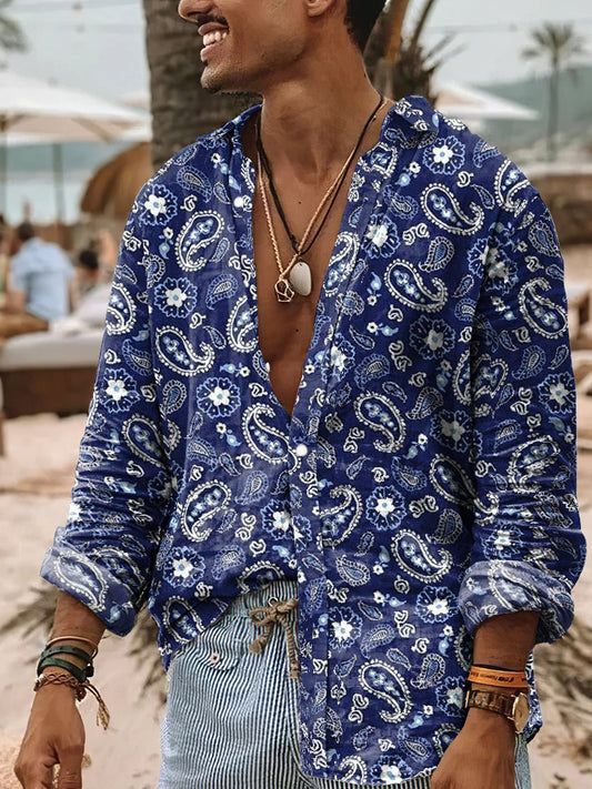 Camisa de algodón casual de arte estampado floral estilo Boho de los hombres