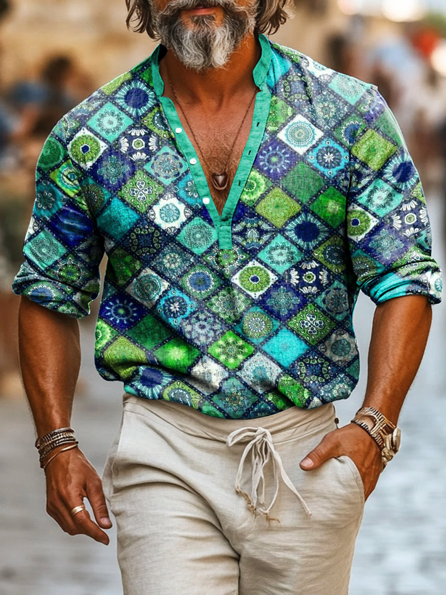 Camisa de manga larga casual de algodón con estampado abstracto estilo Boho para hombre