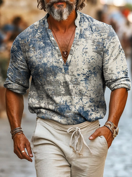 Camisa de manga larga casual de algodón con estampado abstracto de estilo vintage para hombres