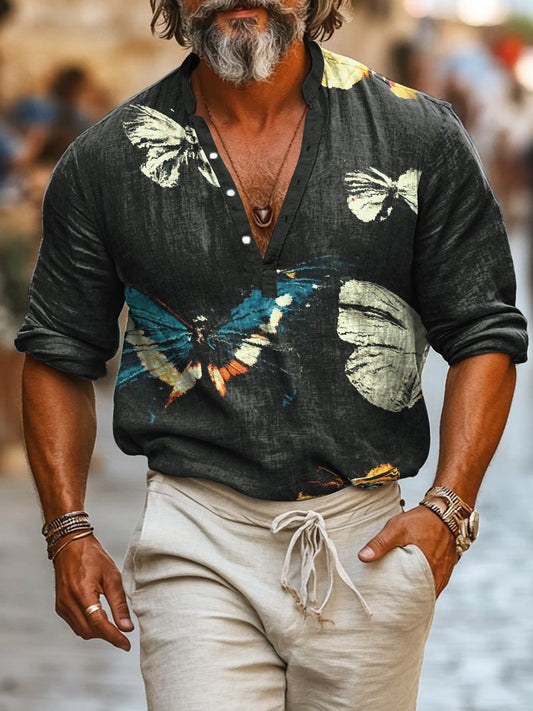 Camisa de manga larga casual de algodón con estampado de mariposa estilo vintage para hombres