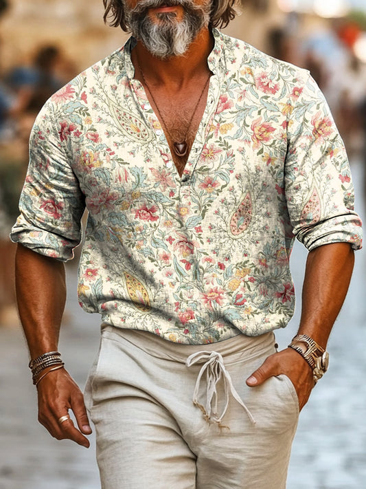 Camisa casual de manga larga de algodón con estampado floral estilo Boho para hombre