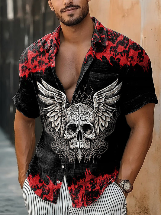 Hombres Vintage Punk Wings Cráneo Gradiente Impresión Abstracta Casual Algodón Manga Corta Camisa