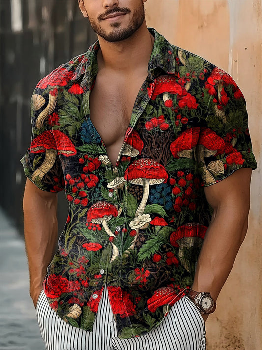 Hombres Vintage Hawaiian Dream Mushroom Botánico Arte Abstracto Imprimir Casual Camisa de manga corta algodón