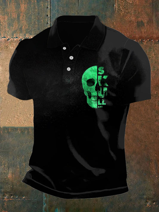 Vintage de los hombres verde cráneo carta arte abstracto impreso casual algodón manga corta Polo camisa