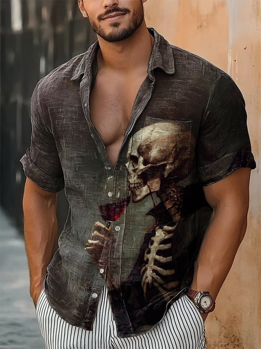 Hombres Vintage Punk Jack Cráneo Beber Vino Tinto Impresión Abstracta Casual Algodón Camisa de Manga Corta
