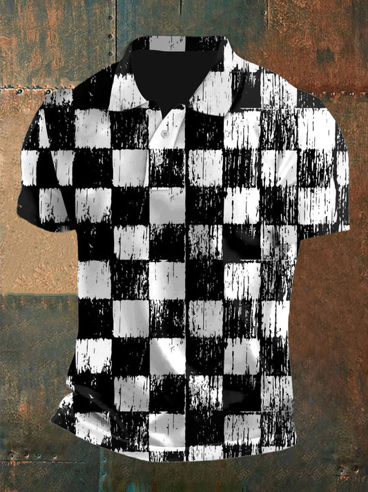 Hombres Vintage Punk Band Plaid Abstracto Impreso Casual Algodón Manga Corta Polo Camisa