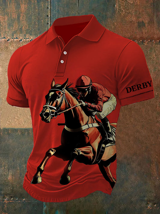 Retro Dreby Horse Impreso Henry Estilo V-cuello de manga corta Polo-Shirt