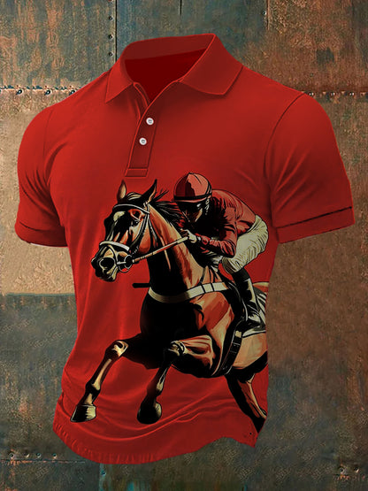 Retro Dreby Horse Impreso Henry Estilo V-cuello de manga corta Polo-Shirt