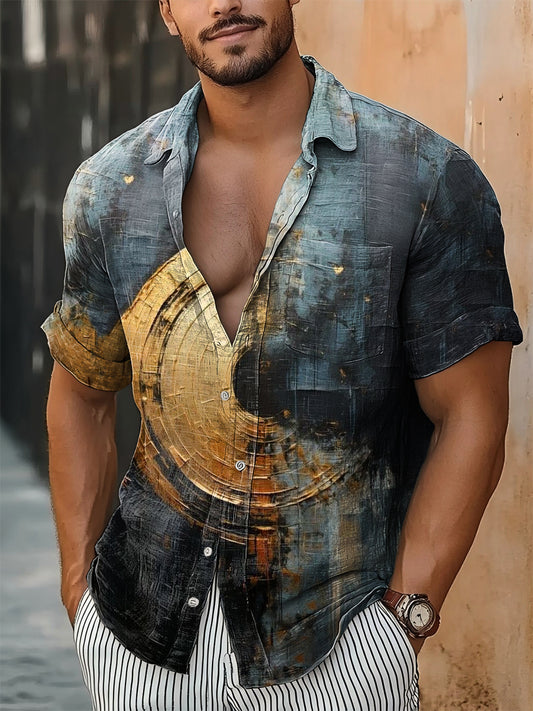 Hombres Vintage Gold Circle Swirl Irregulars Abstract Print Casual Algodón Manga Corta Camisa