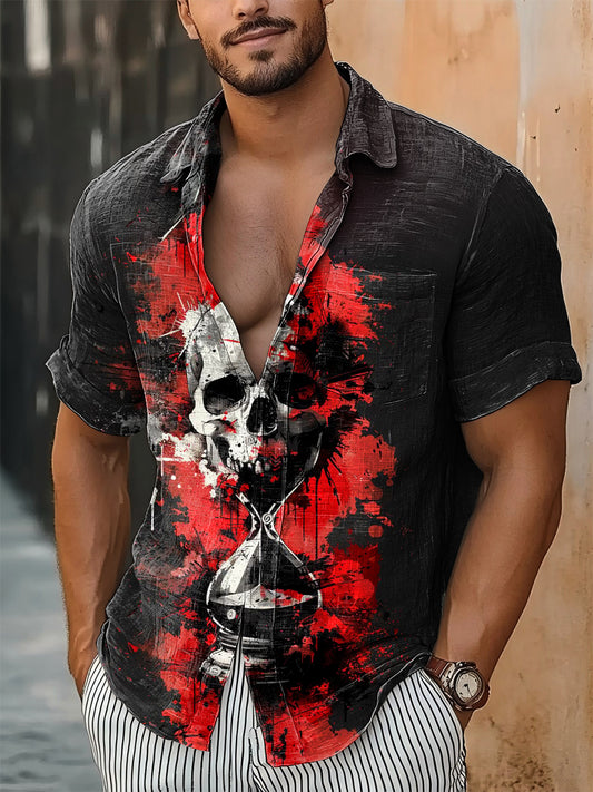 Hombres Vintage Punk Cráneo Embudo Impresión Abstracta Casual Algodón Manga Corta Camisa