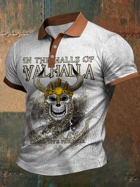 Retro vikingos waffle textura patrón impreso pueblo cuello en V manga corta camisa