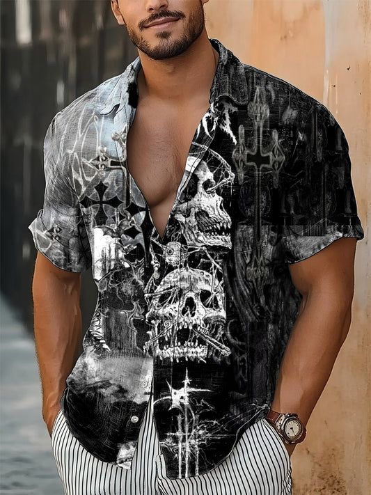 Hombres Vintage Punk Cráneo Colorido Cruz Impresión Abstracta Casual Algodón Manga Corta Camisa