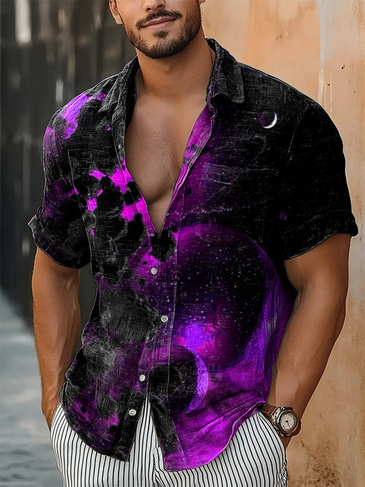 Hombres Vintage Punk Púrpura Remolino Luna Impresión Abstracta Casual Algodón Manga Corta Camisa