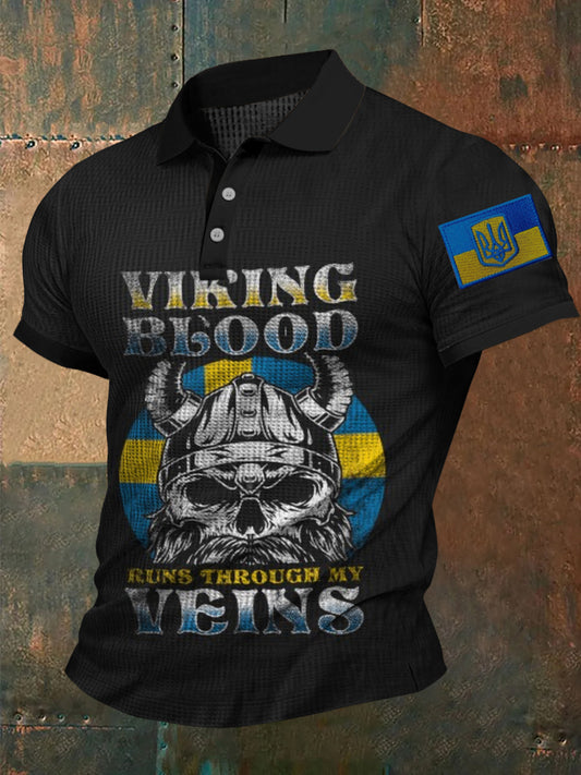 Retro bandera sueca waffle textura patrón impreso pueblo cuello en V manga corta camisa