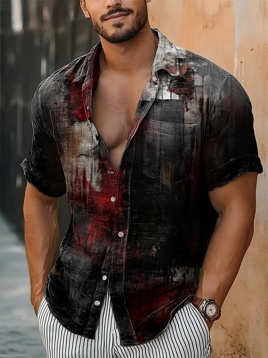 Camisa de manga corta de algodón casual de impresión abstracta de geometría colorida de la vendimia de los hombres