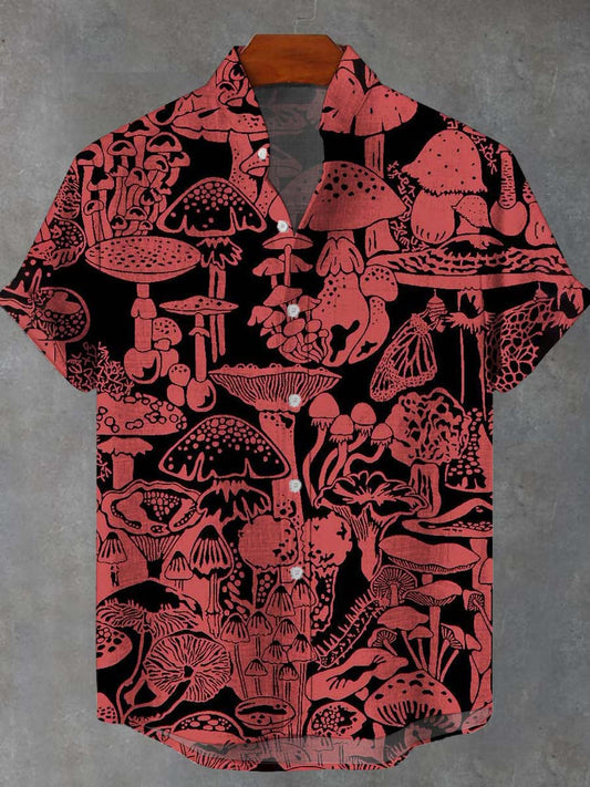 Camisa de manga corta casual con estampado de hongos retro para hombres