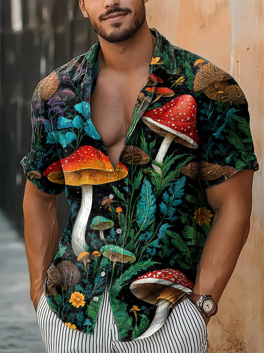 Hombres vintage Hawaiian Dream Mushroom flor botánico arte abstracto imprimir casual algodón camisa de manga corta