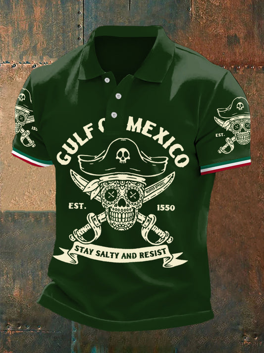 Los hombres retro pirata Golfo de México estancia salado y resistir México imprimir Polo Casual