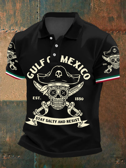 Los hombres retro pirata Golfo de México estancia salado y resistir México imprimir Polo Casual