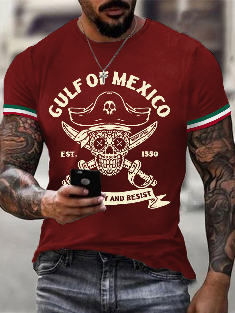 Los hombres retro pirata Golfo de México estancia salado y resistir imprimir camiseta casual