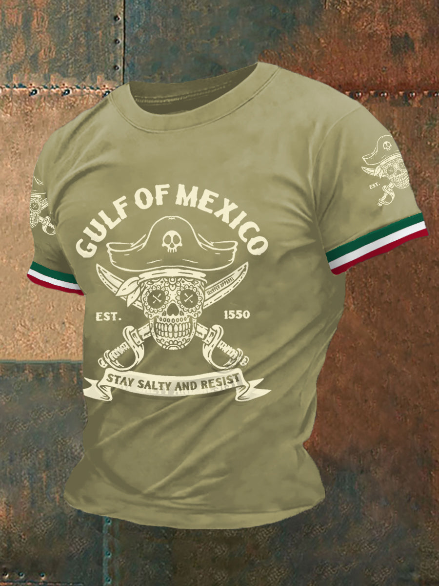 Los hombres retro pirata Golfo de México estancia salado y resistir México imprimir camiseta casual
