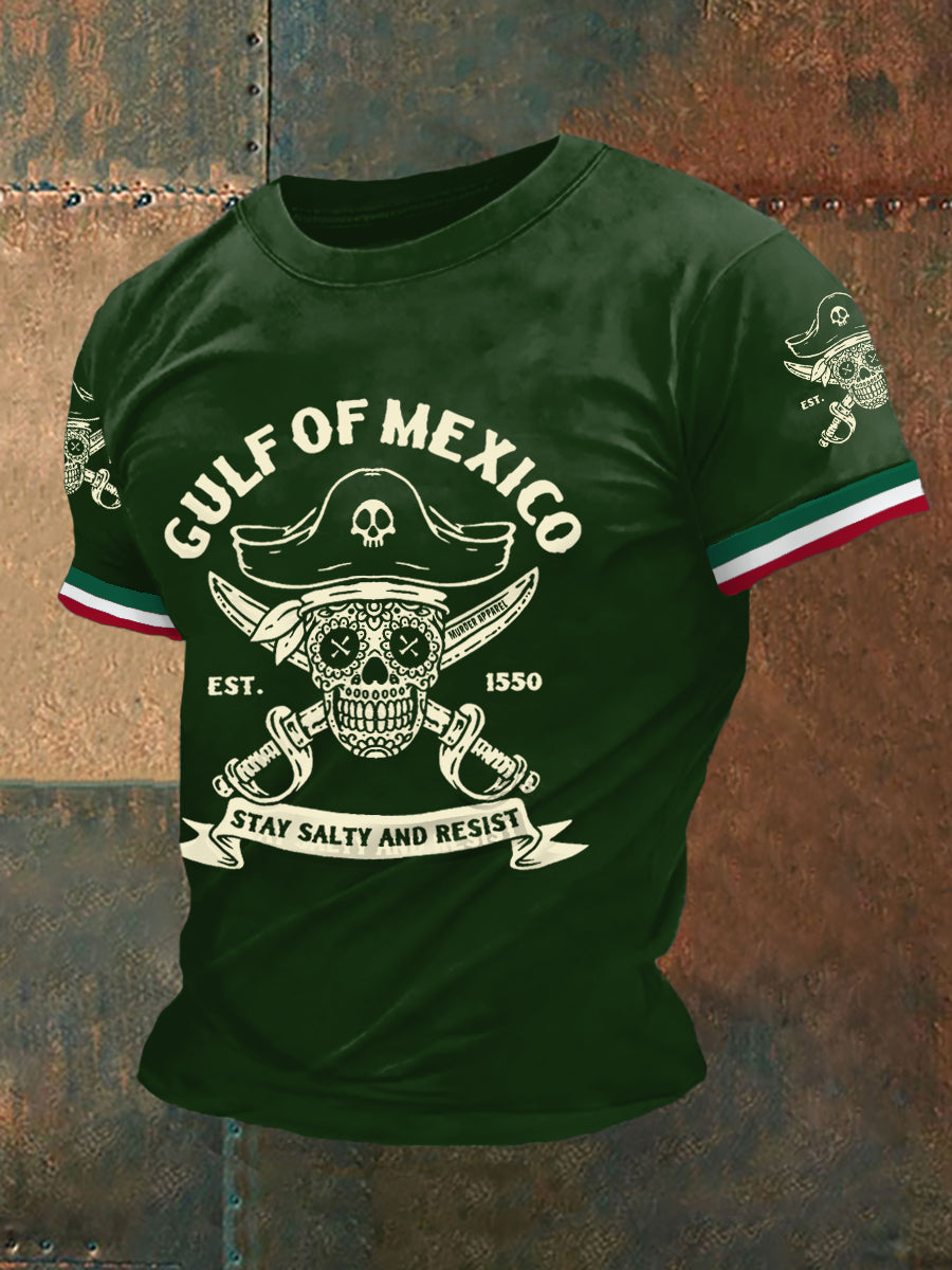 Los hombres retro pirata Golfo de México estancia salado y resistir México imprimir camiseta casual