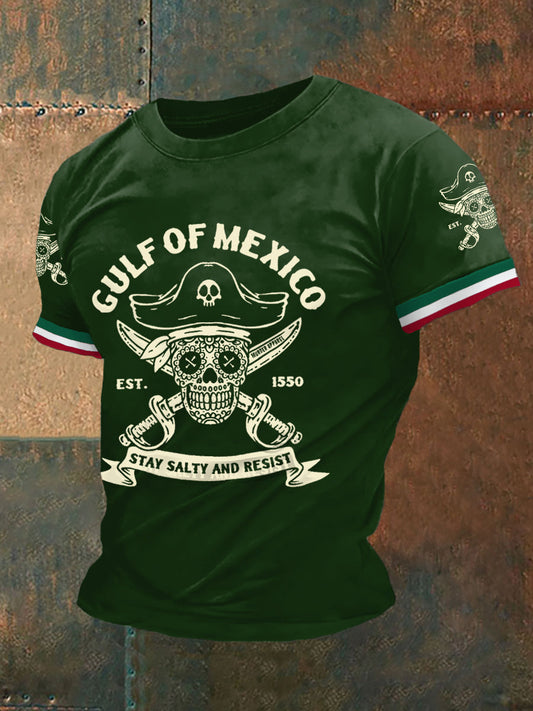 Los hombres retro pirata Golfo de México estancia salado y resistir México imprimir camiseta casual