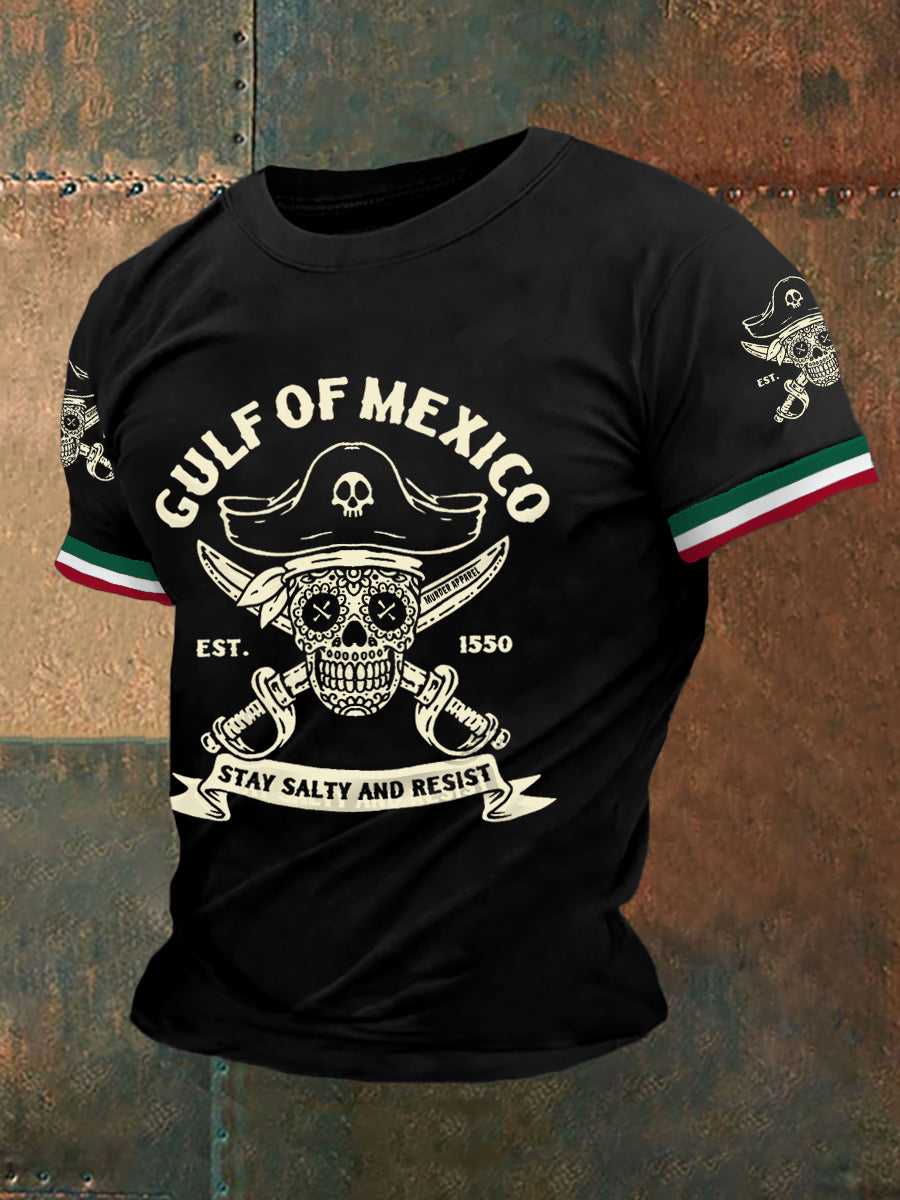 Los hombres retro pirata Golfo de México estancia salado y resistir México imprimir camiseta casual