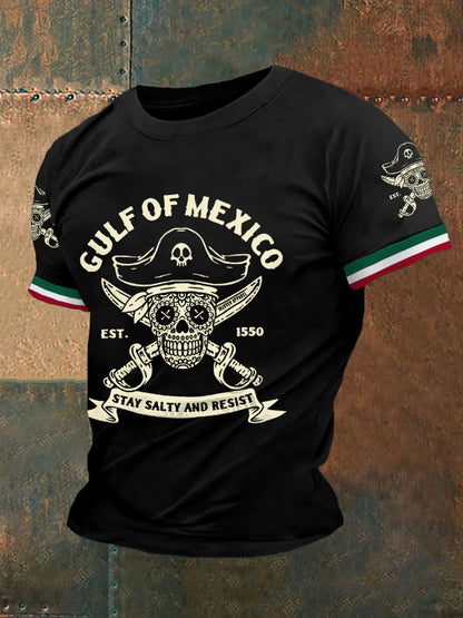 Los hombres retro pirata Golfo de México estancia salado y resistir México imprimir camiseta casual