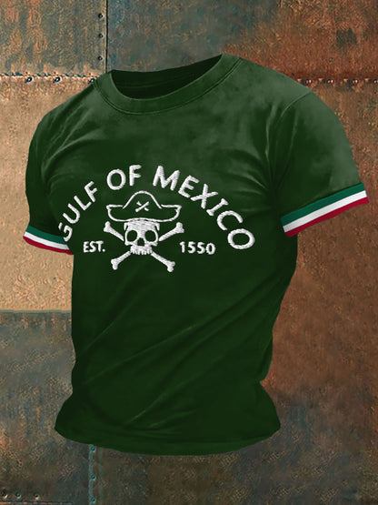 Hombres retro pirata Golfo de México Est.1550 estancia salado y resistir México imprimir camiseta casual