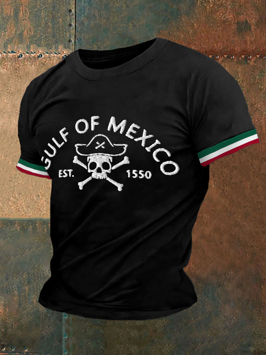 Hombres retro pirata Golfo de México Est.1550 estancia salado y resistir México imprimir camiseta casual