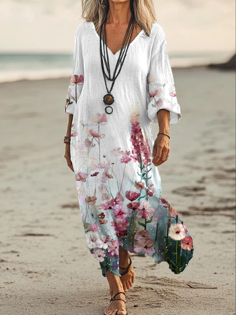 Vintage V-cuello bohemio estampado floral elegante vestido suelto Midi