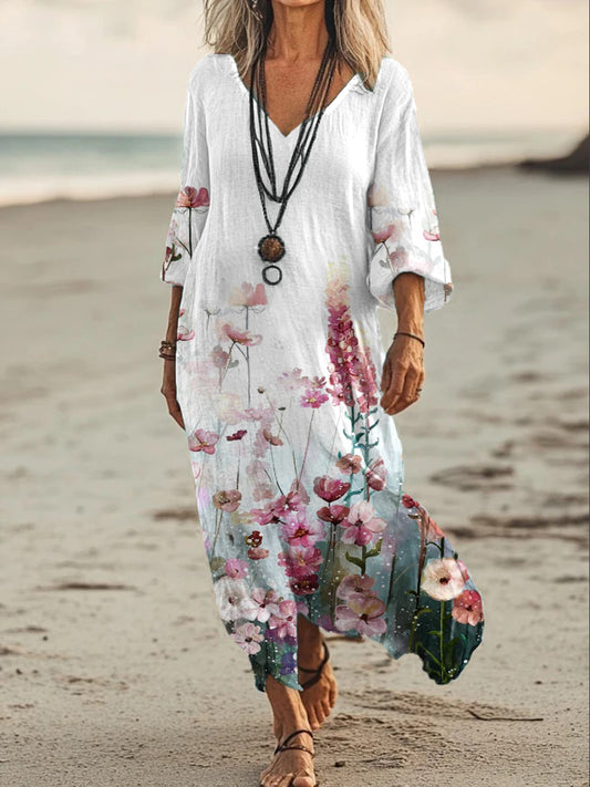 Vintage V-cuello bohemio estampado floral elegante vestido suelto Midi