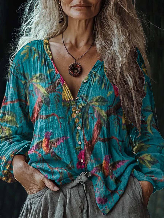 Camisa de algodón y lino casual con cuello en V para mujer Boho Parrot Art Print