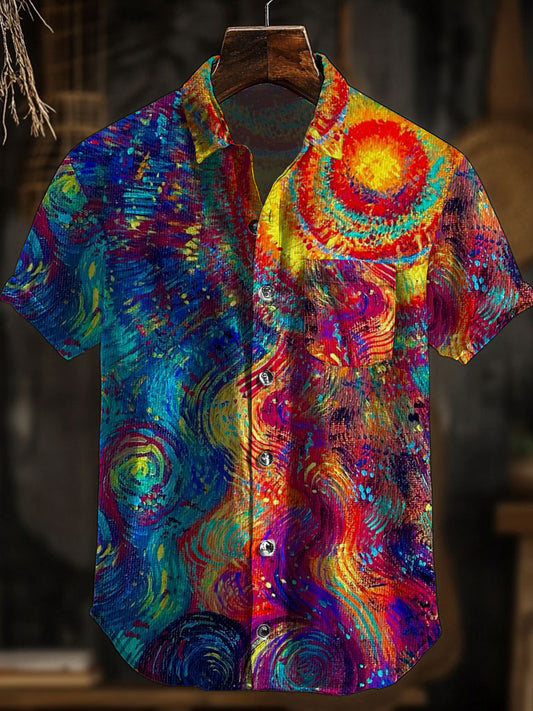Camisa de manga corta con estampado de arte abstracto retro para hombre