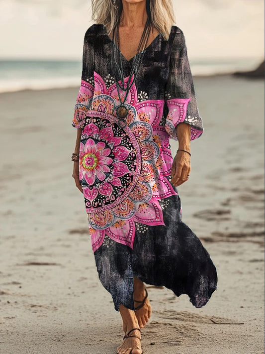Vintage V-cuello bohemio estampado floral elegante vestido suelto Midi