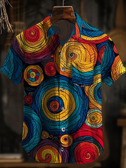 Camisa de manga corta con estampado de arte abstracto retro para hombre