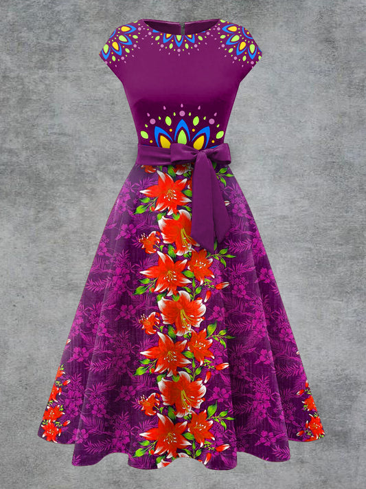 Vestido midi con cinturón de arco de impresión floral vintage para mujer