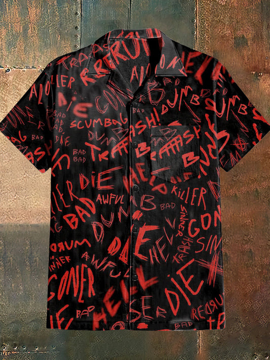 Camisa de cuello cubano con estampado de texto de sangre para hombre con mangas cortas
